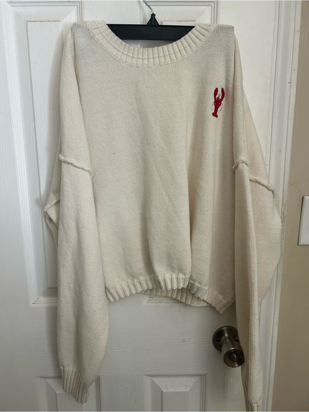 Cropped Cream Crewneck Sweater with Red Lobster Embroidery